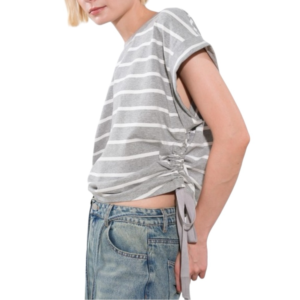 391. Women's Grey White Striped Rolled Short Sleeve Side Ruched Tie Top NWT